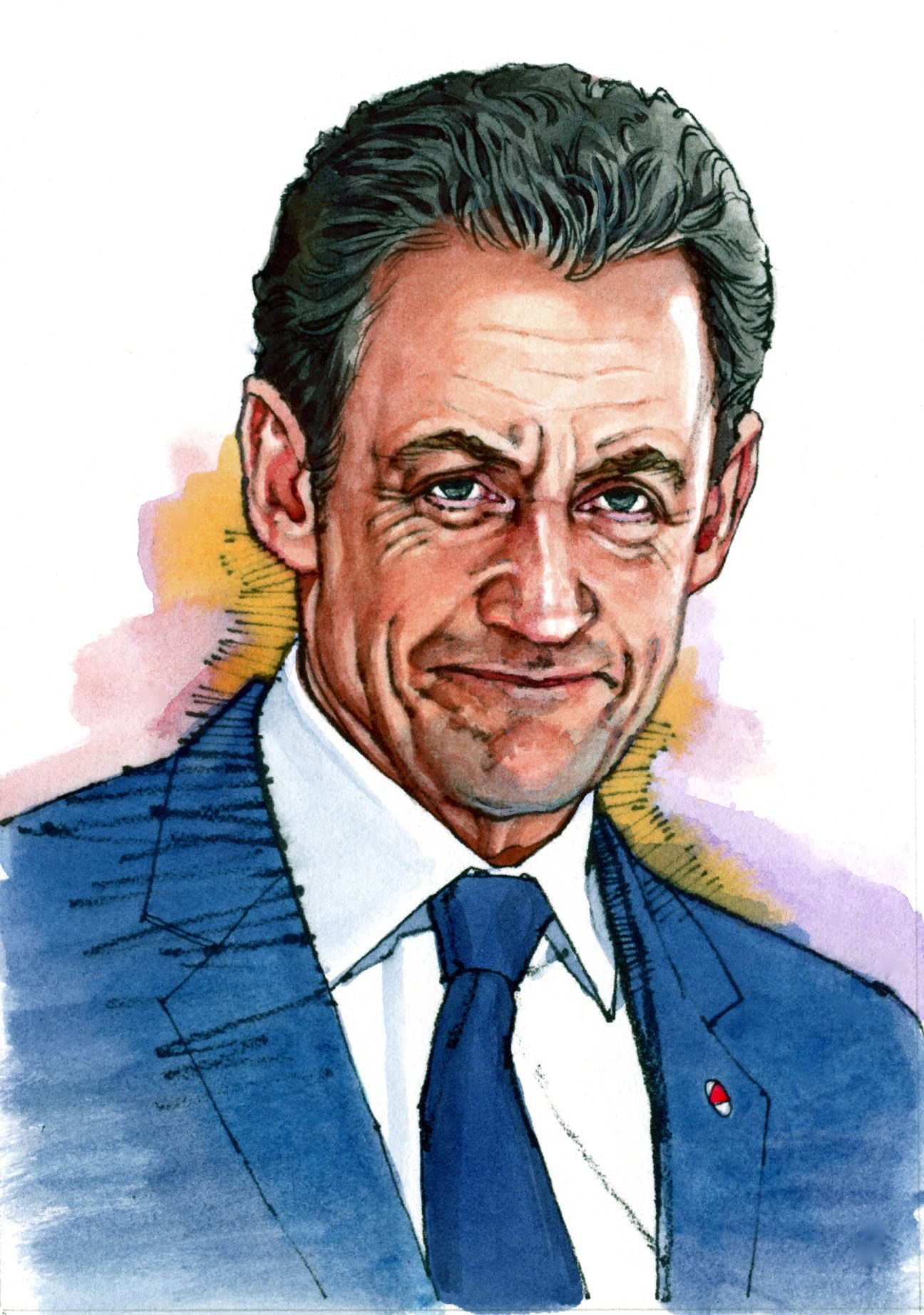 Watercolor portrait illustration of Nicolas Sarkozy wearing a blue suit and dark tie.