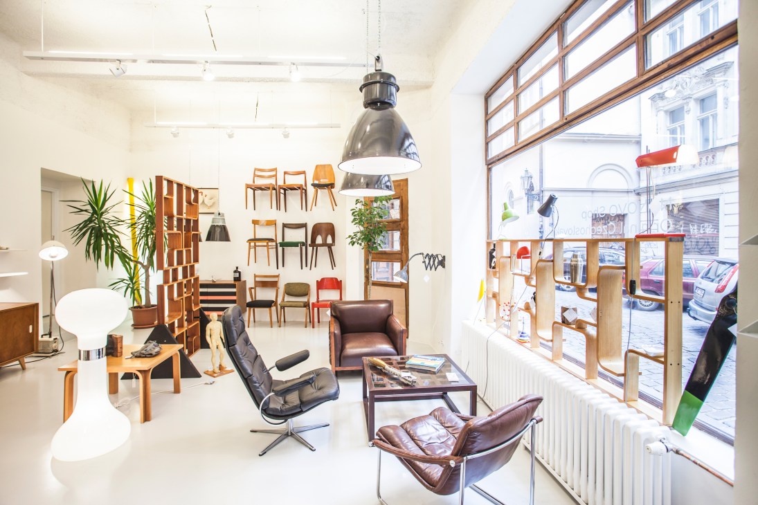 Nanovo shop interior in Prague displaying vintage Czechoslovak furniture and design items from the 20th century.