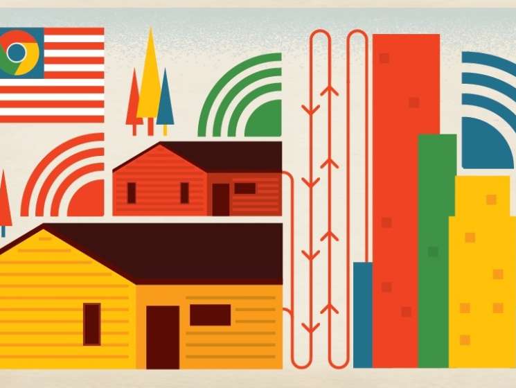 Illustration of USA with Google logo, house, trees, wireless signal symbols and Kansas City skyline representing Google Fiber internet project.