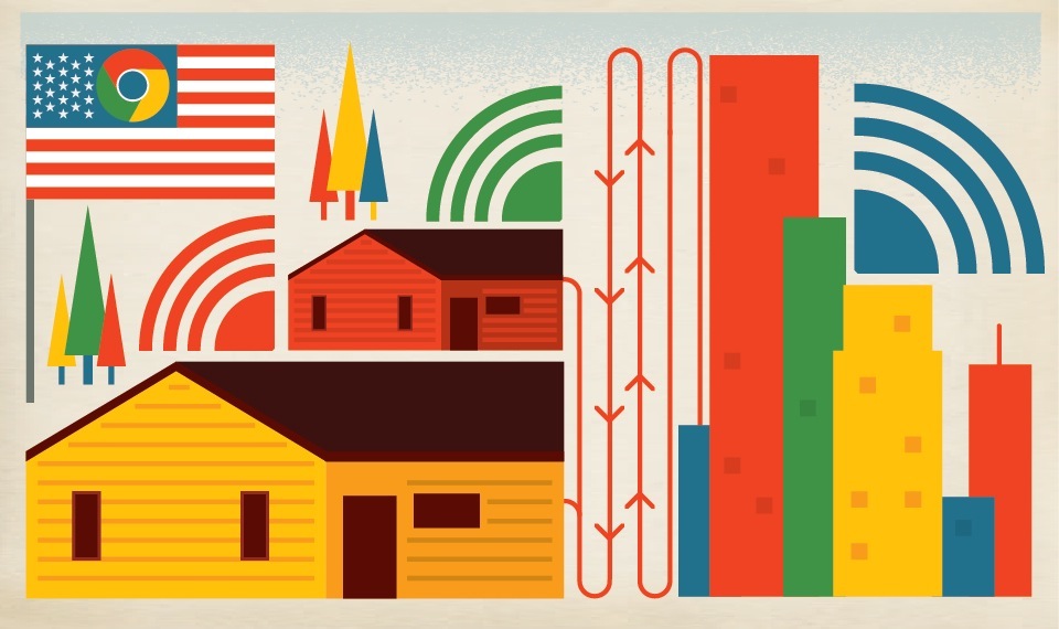 Illustration of USA with Google logo, house, trees, wireless signal symbols and Kansas City skyline representing Google Fiber internet project.