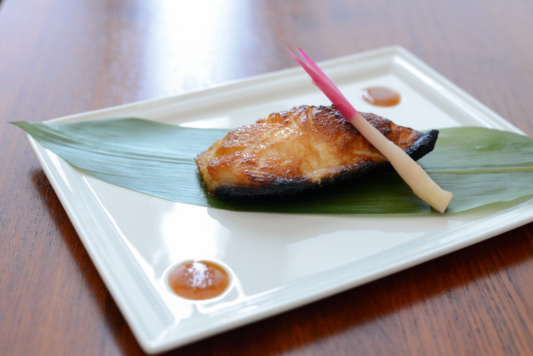 Black cod with miso fillet garnished with pickled ginger on a white plate with green leaf and sauce.