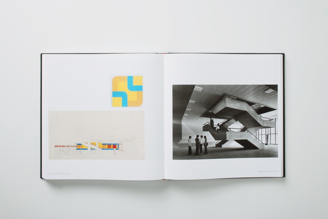 Open book displaying Leo Hafner's architectural designs including a colorful logo and interior space photograph.