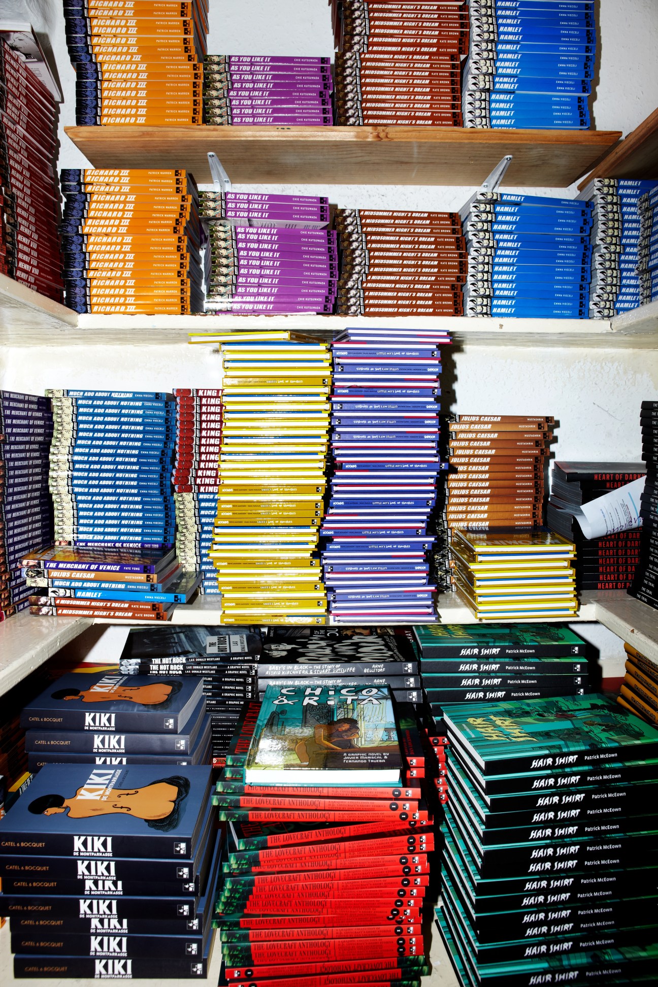 Shelves displaying stacked graphic novels and manga organized by color and series at SelfMadeHero offices.