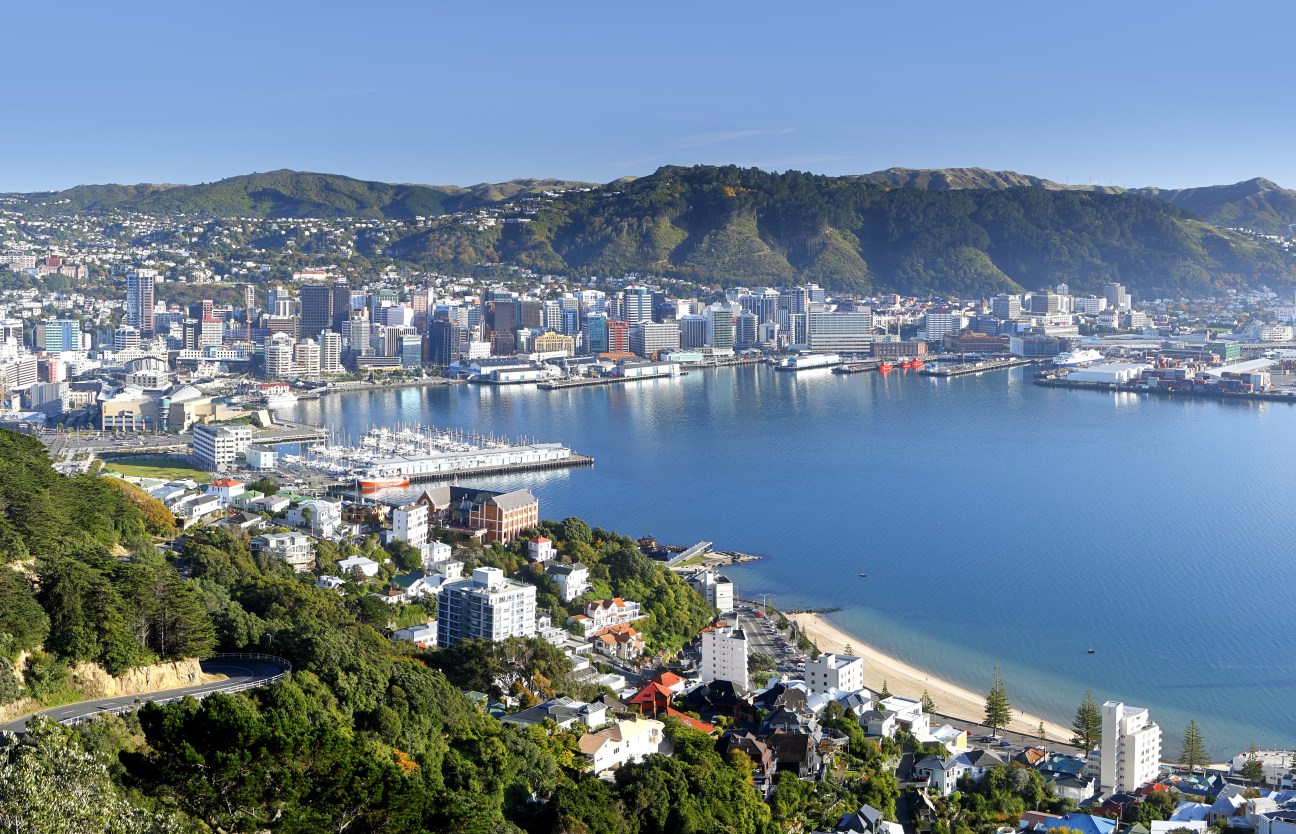 Aerial view of Wellington city skyline with harbor, mountains, and green hillsides under blue sky.