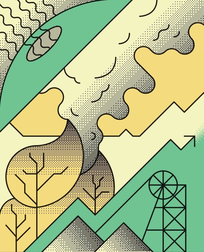 Abstract illustration with green and yellow shapes, trees, and infrastructure elements representing Australia's economic and environmental challenges.