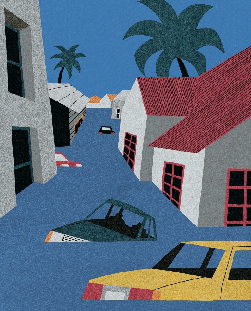 Illustration of a flooded coastal village with palm trees, white buildings with red roofs, and partially submerged vehicles.