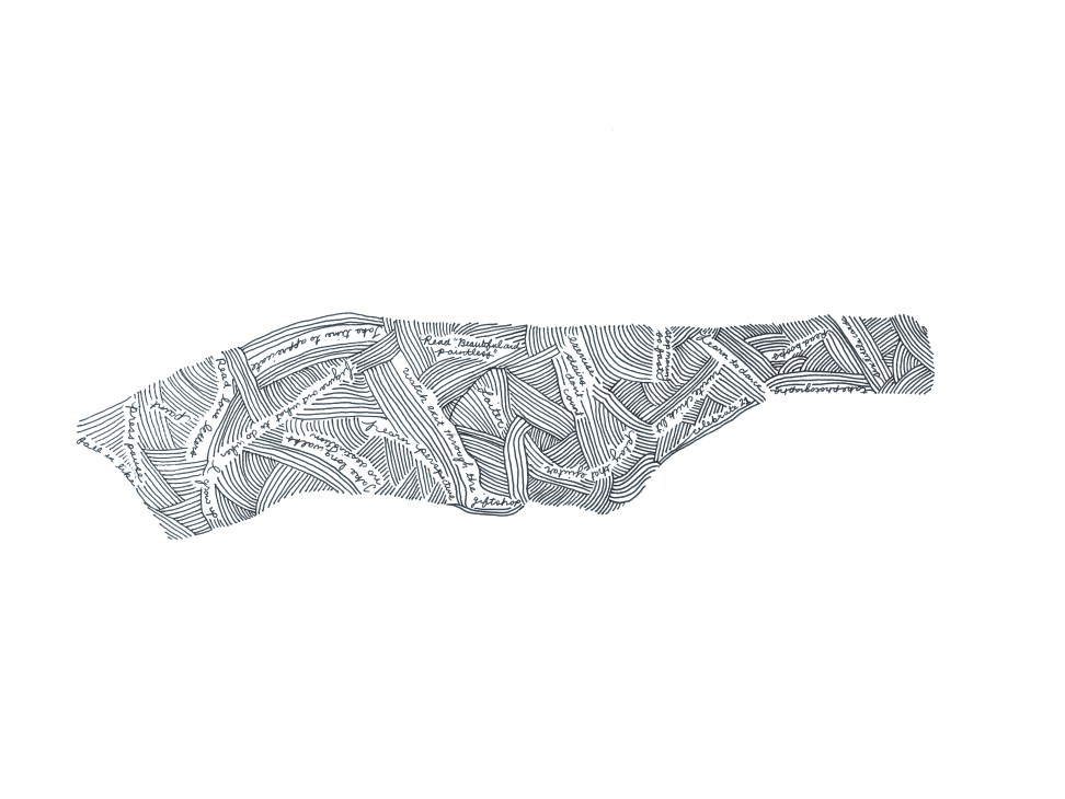 Hand-drawn map of Manhattan with neighborhoods and landmarks labeled in detailed line work.