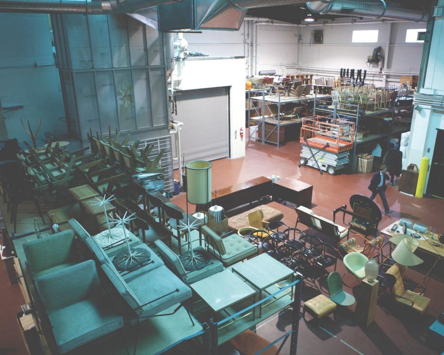 Overhead view of Wright's Chicago warehouse filled with mid-century modern furniture and design pieces.