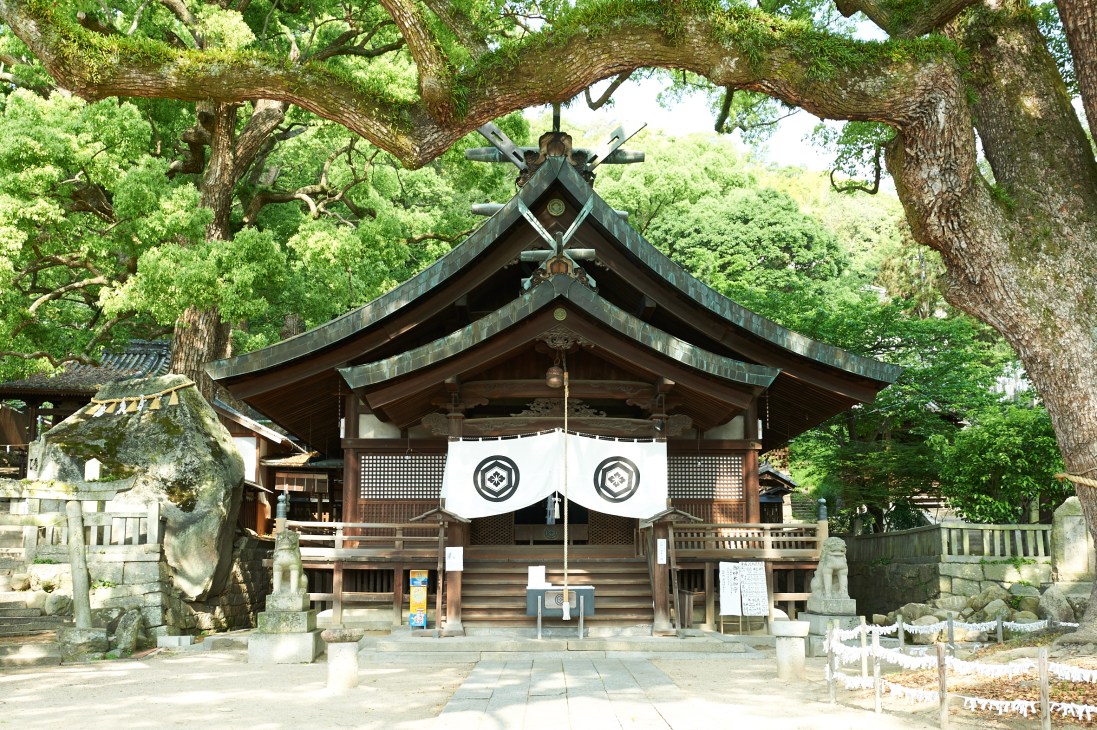 Ushitora shrine with traditional Japanese architecture nestled among large trees in Onomichi.
