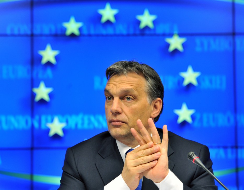 Man in dark suit speaking at microphone with EU flag backdrop featuring yellow stars.