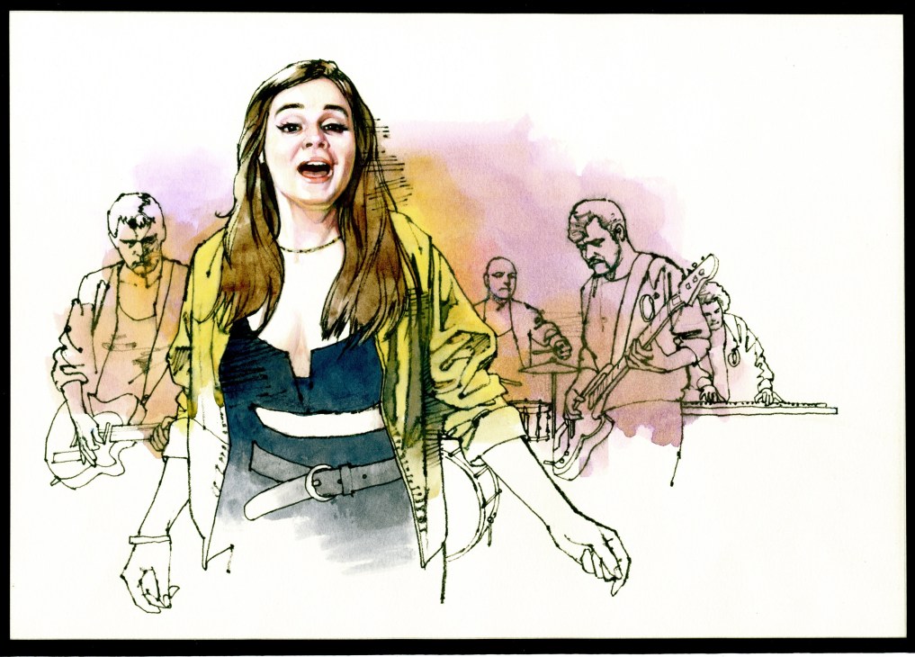 Illustration of O'Spada band members performing, featuring a female singer in yellow cardigan with band members playing guitars behind her.