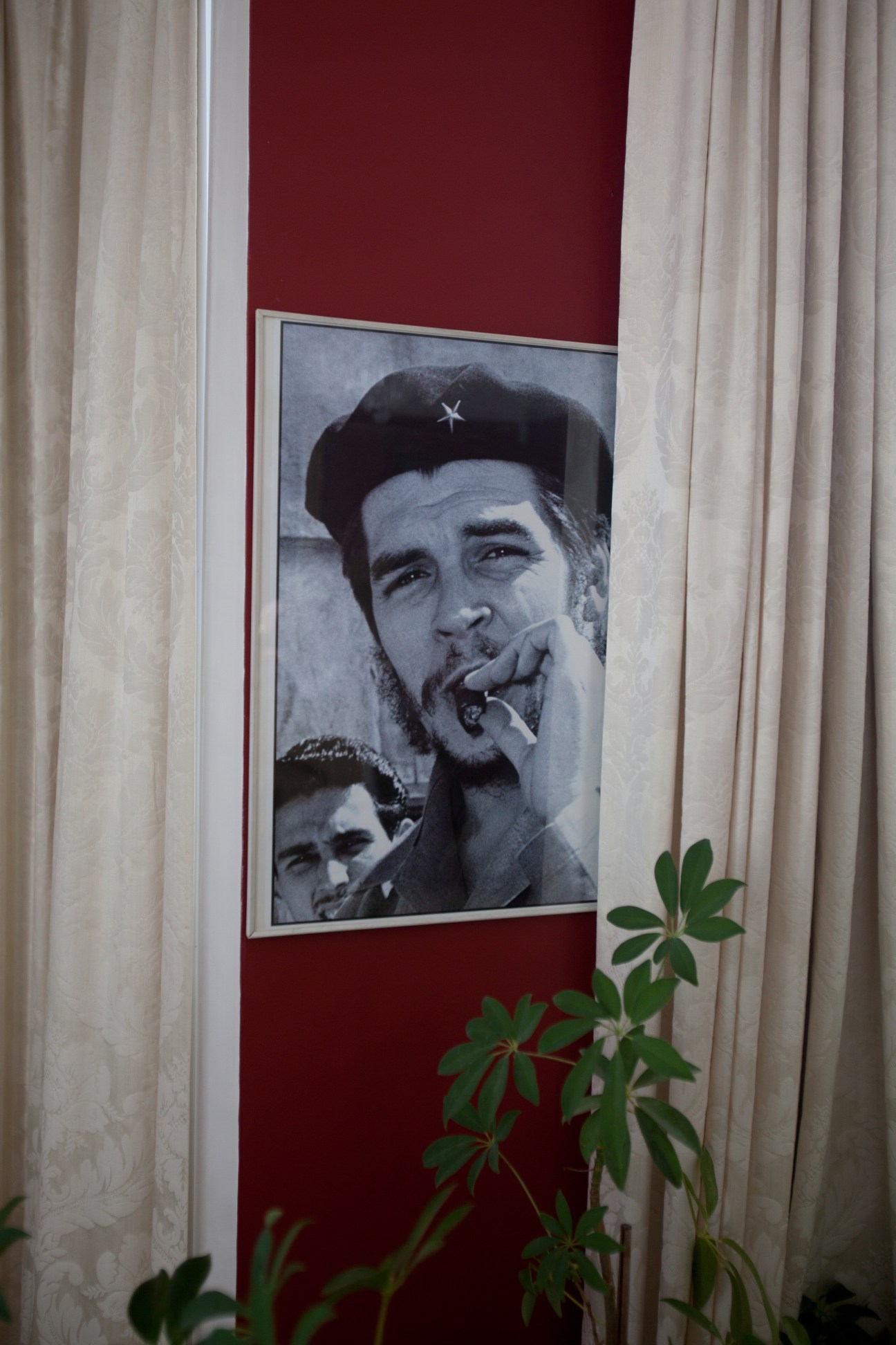 Poster of Fidel Castro smoking a cigar hanging on a red wall at the Cuban Embassy in Wellington, New Zealand.