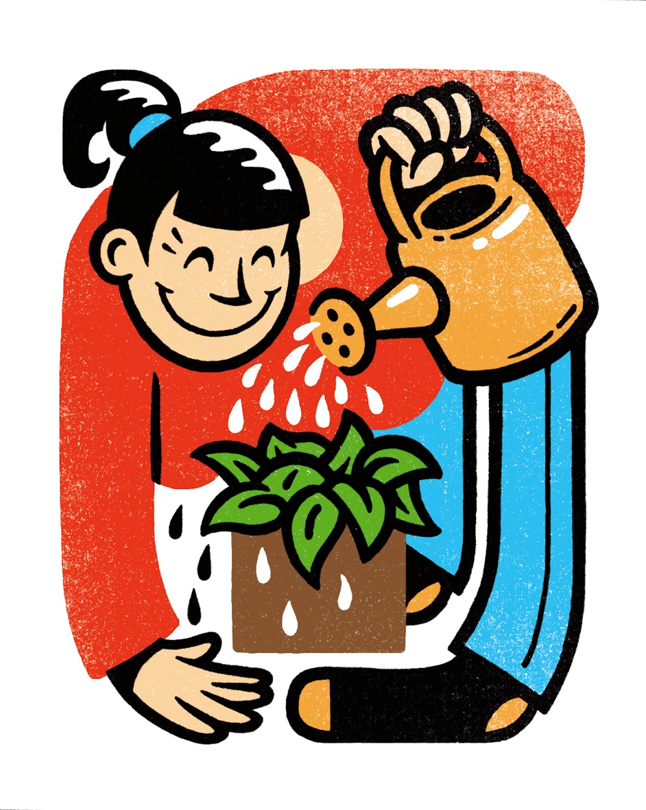 Illustration of two people watering a potted plant with green leaves.