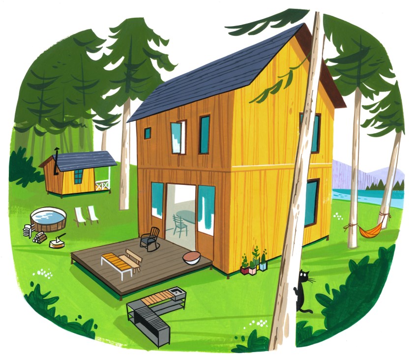 Illustration of a yellow wooden house with outdoor living spaces including a deck, hot tub, and hammock surrounded by trees.