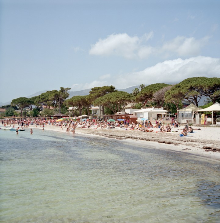 Crowded Mondello Beach with swimmers in shallow water and beachgoers on sand, backed by pine trees and white beach structures.