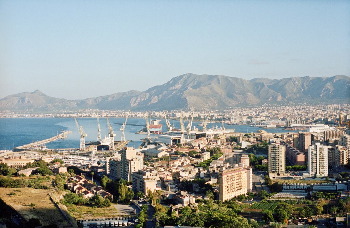 Panoramic view of Palermo's cityscape, port and mountains from Monte Pellegrino.