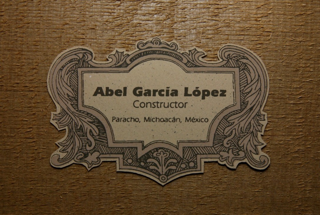 Abel García López's ornate guitar label reading 'Constructor' with his name and Paracho, Michoacán, México location.