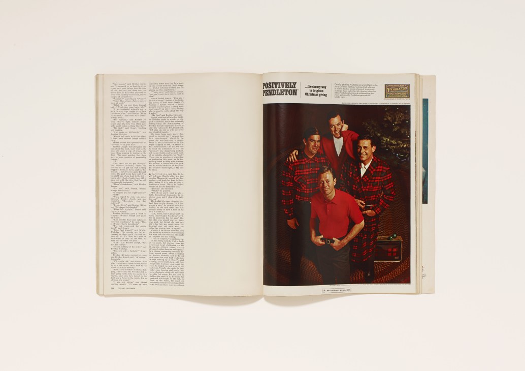 Four men in red plaid Pendleton shirts posing together for a portrait photograph.