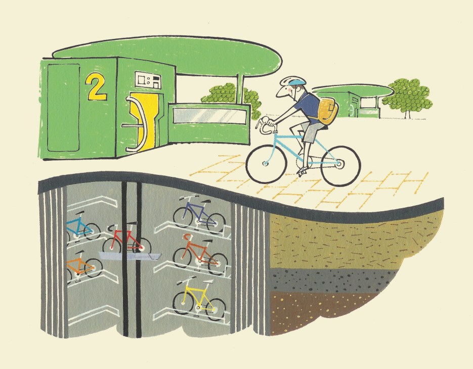Illustration of automated underground bike parking system with cyclist depositing bicycle at entry kiosk.