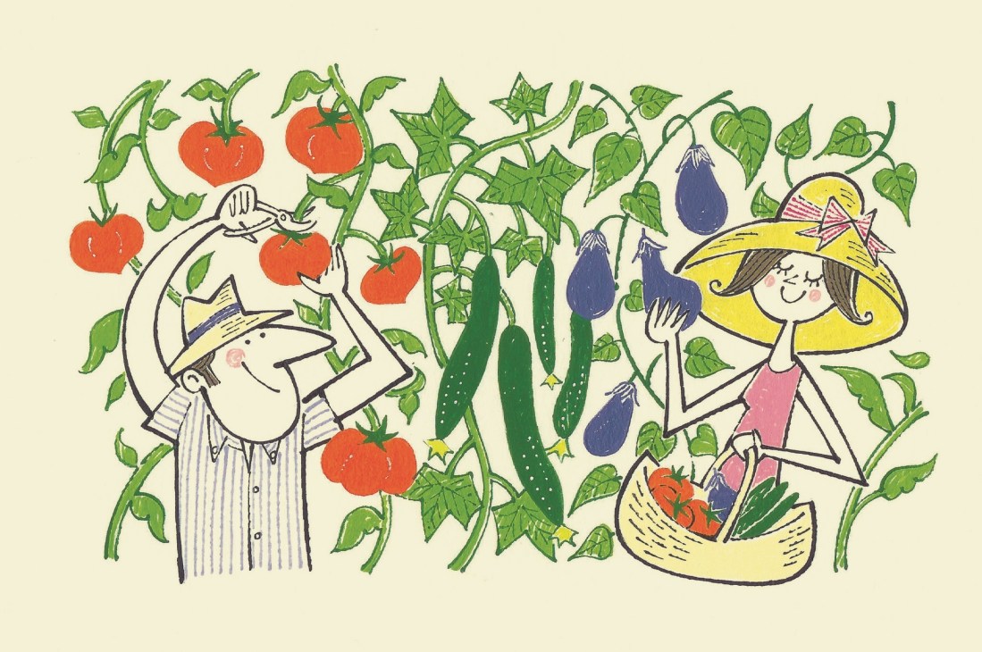 Illustration of two figures tending to a vegetable garden with tomatoes, eggplants, cucumbers and other produce.