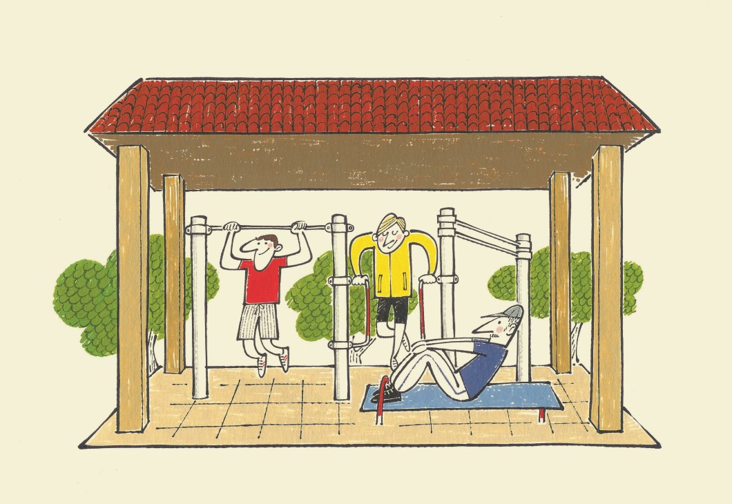 Illustration of an outdoor covered gym pavilion with three people exercising using equipment.