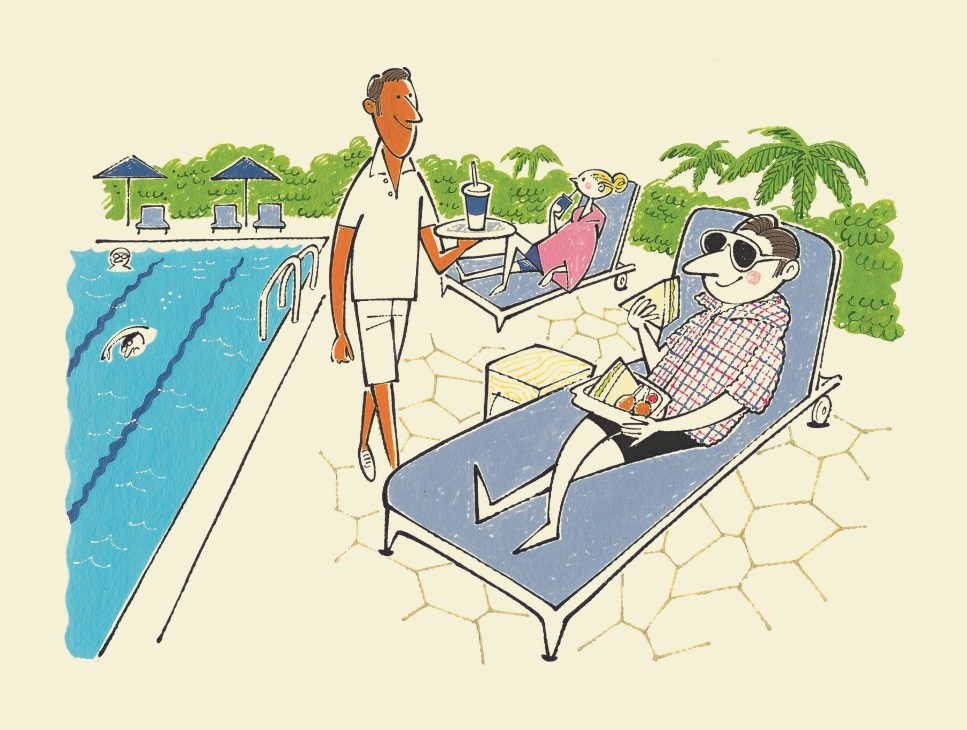 Illustration of a poolside scene at Club Monocolo with a cabana attendant serving guests lounging by the water.