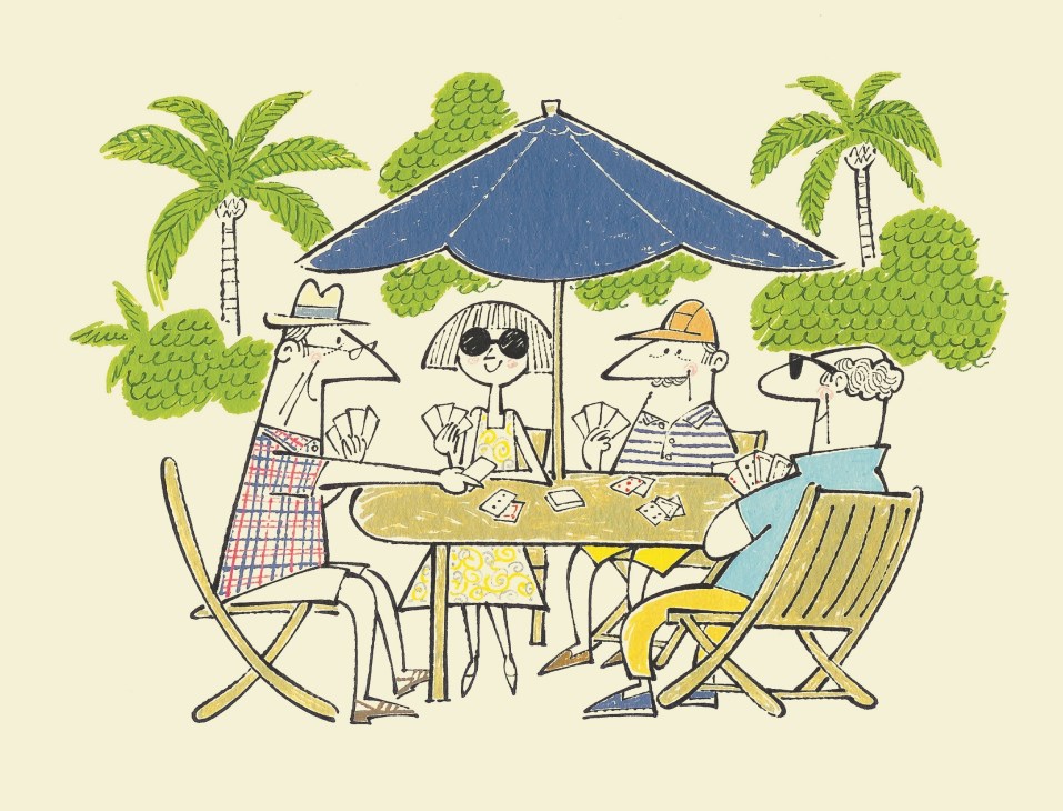 Illustration of four people playing cards under an umbrella at a club with palm trees.