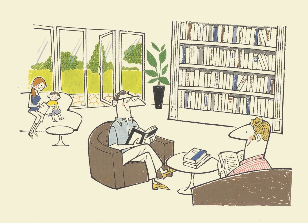 Illustration of a library reading room with bookshelves, people reading, and windows overlooking green landscapes.