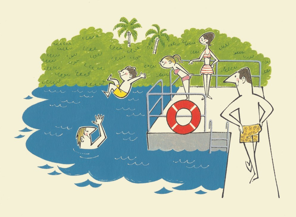Illustration of people enjoying water activities at a club with a floating dock, life ring, and lush green landscape.
