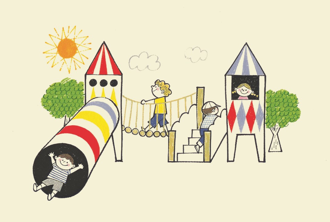 Illustrated playground scene with children playing on a slide, bridge, climbing tower and castle structure under sunny skies.