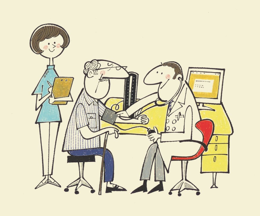 Illustration of four people in an office setting, including a woman holding a clipboard and three men at desks with computers.