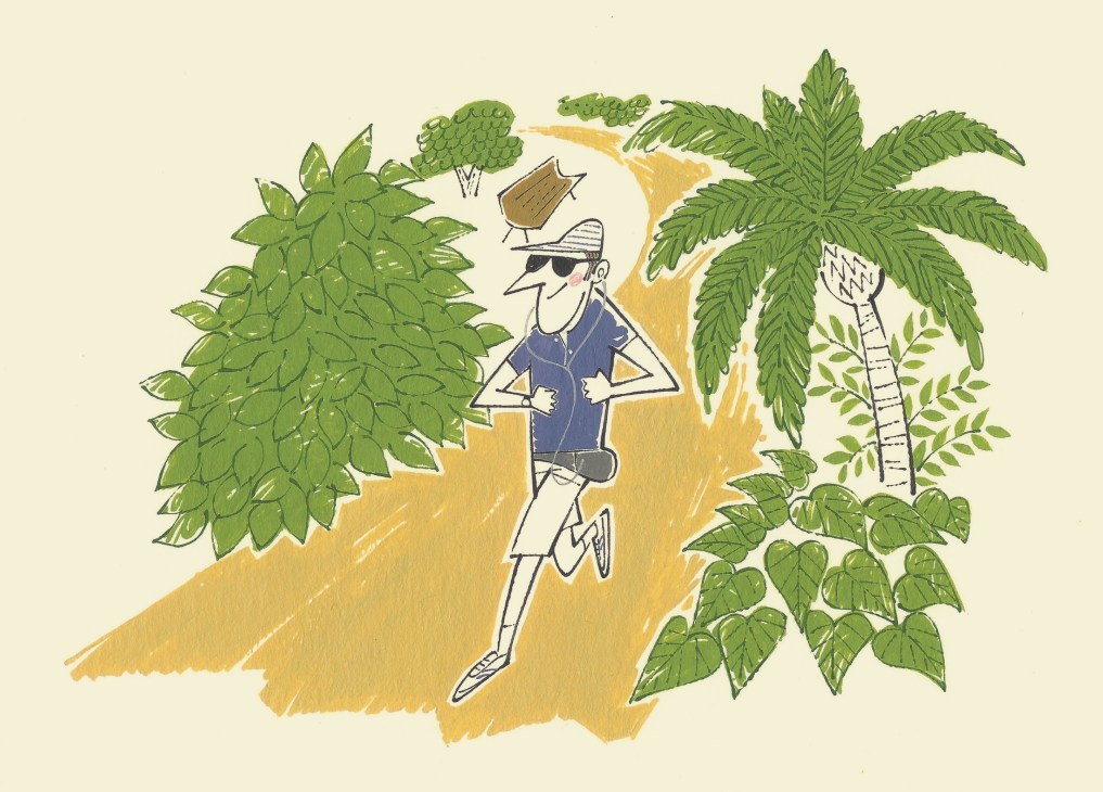 Illustration of a jogger running on a yellow path surrounded by green foliage and trees.