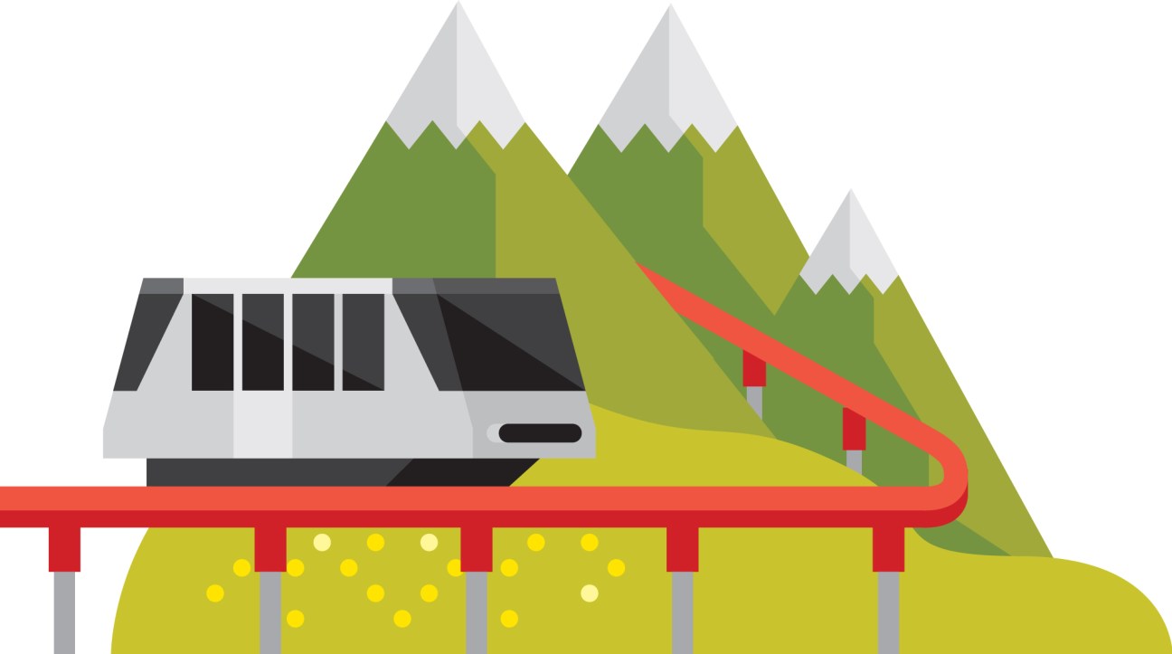 Illustration of a cable car railway system ascending a mountain landscape with snow-capped peaks.