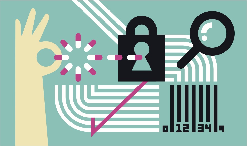 Illustration of a hand, padlock, pills, magnifying glass and barcode representing pharmaceutical security and medicine authentication.