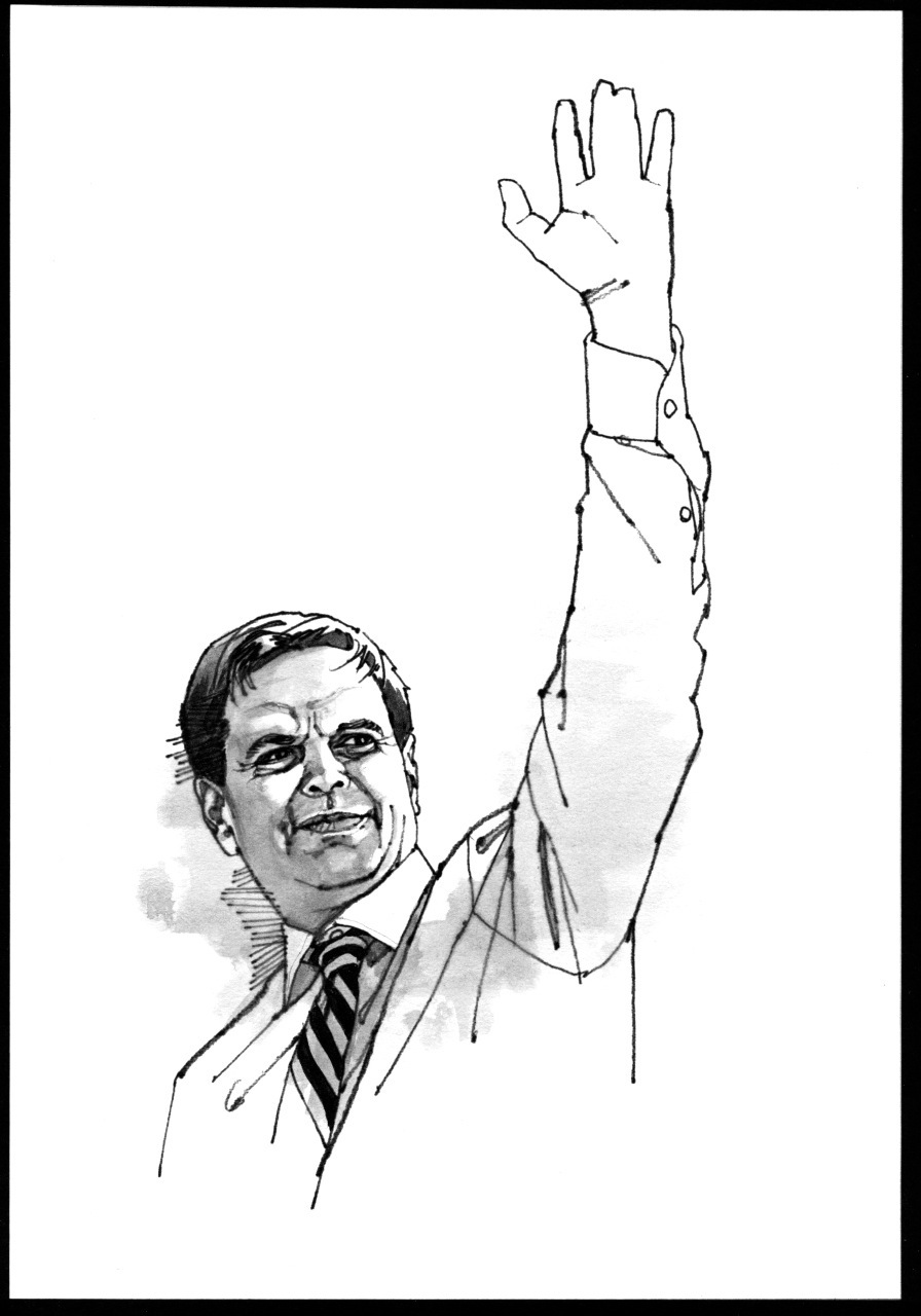 Sketch illustration of Phil Gordon, Phoenix mayor, with fist raised in a peace gesture wearing a striped tie.