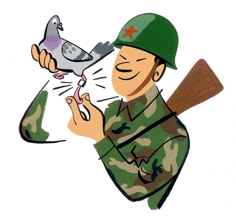 Illustration of a smiling soldier in camouflage uniform holding a pigeon.