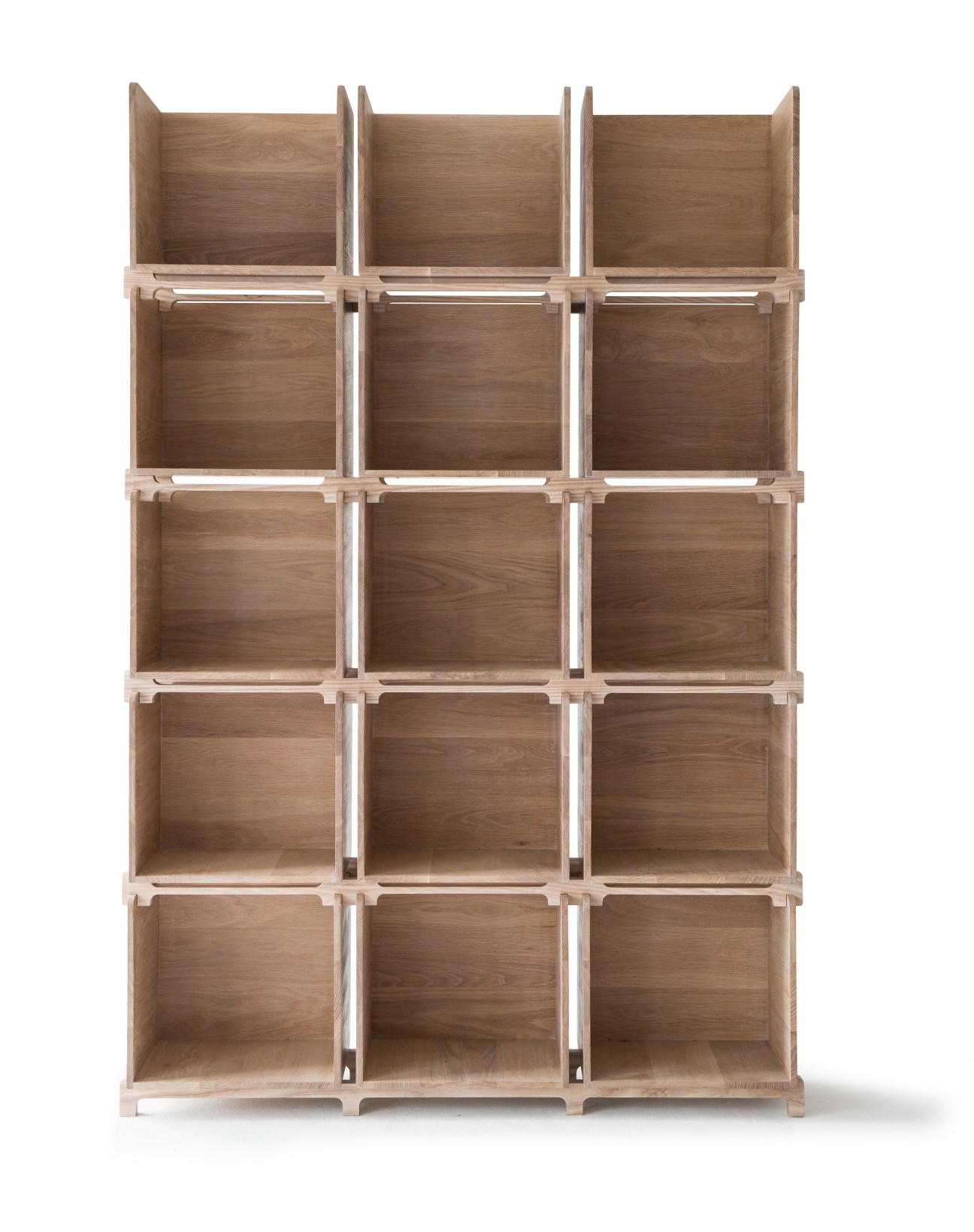 Modular oak Post Office shelving system with 15 open compartments arranged in a 3x5 grid by Pinch.