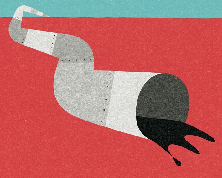 Illustration of an industrial pipeline with geometric shapes in red, white, gray and black.