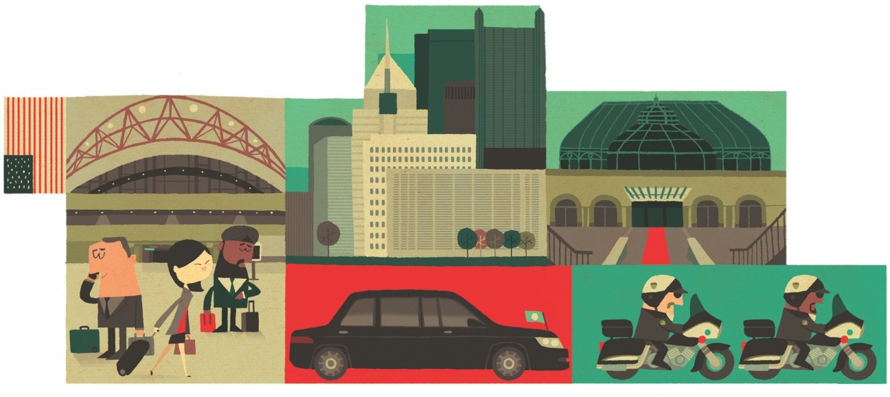Illustrated Pittsburgh cityscape showing landmarks, delegates, motorcade security and transportation methods.