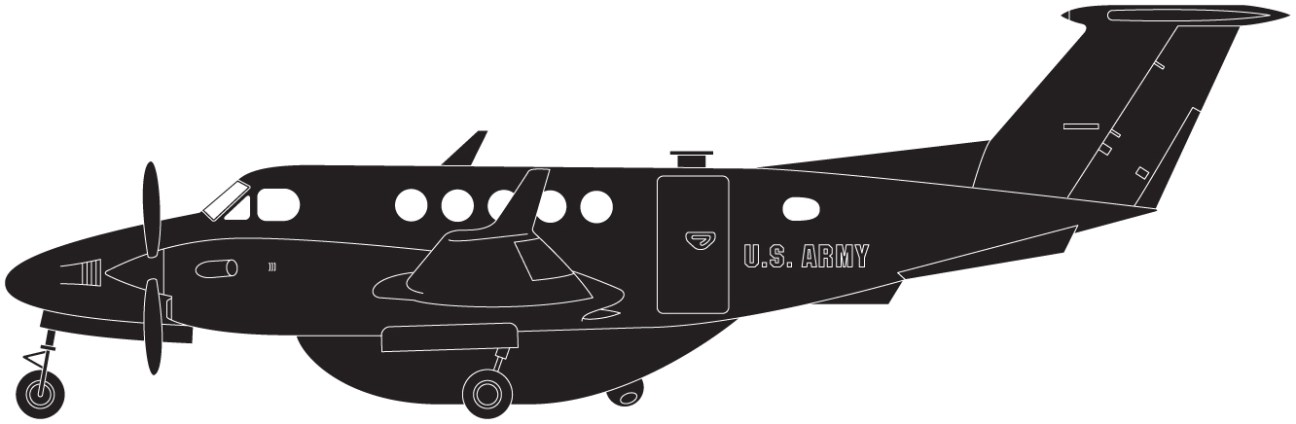 Side-view illustration of a U.S. Army Beechcraft King Air 350T surveillance aircraft with twin propellers and sensors.