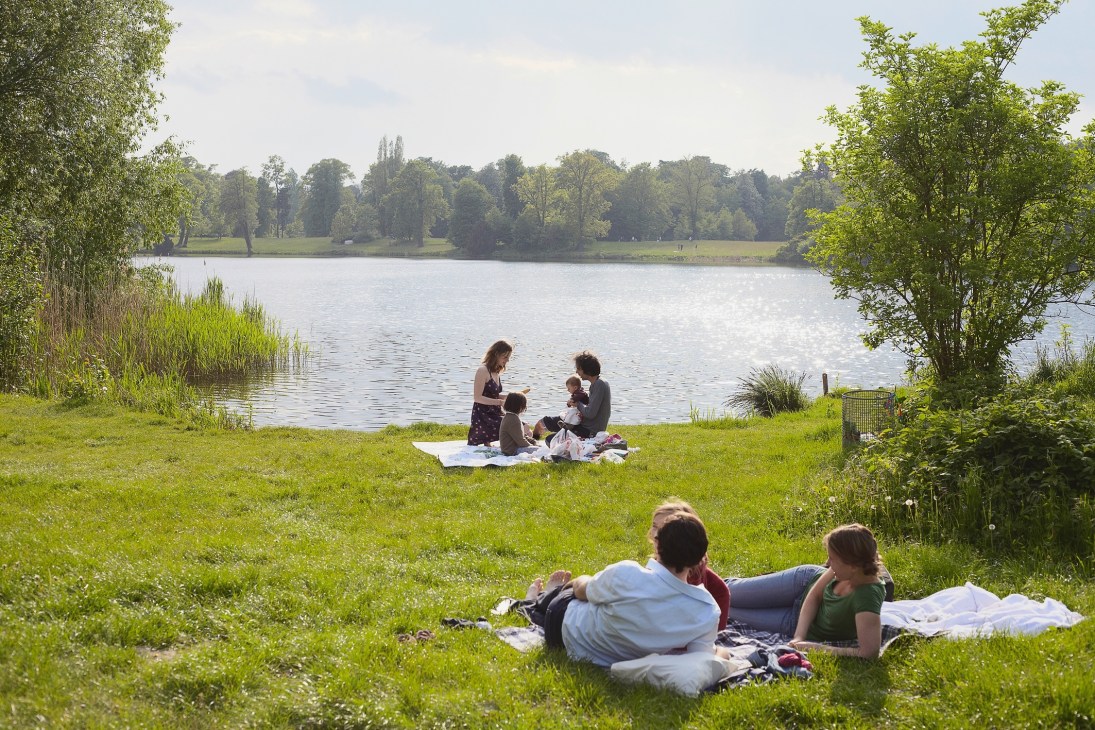 Groups of people relaxing on grass by a lake with trees lining the water in Potsdam.