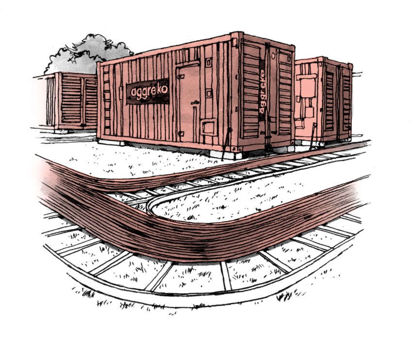Illustration of Aggreko mobile power generator containers showing cross-section of underground infrastructure.