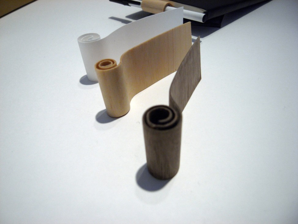 Coppa penholder made from wound-up spiral of paper and wood by 3-I design.