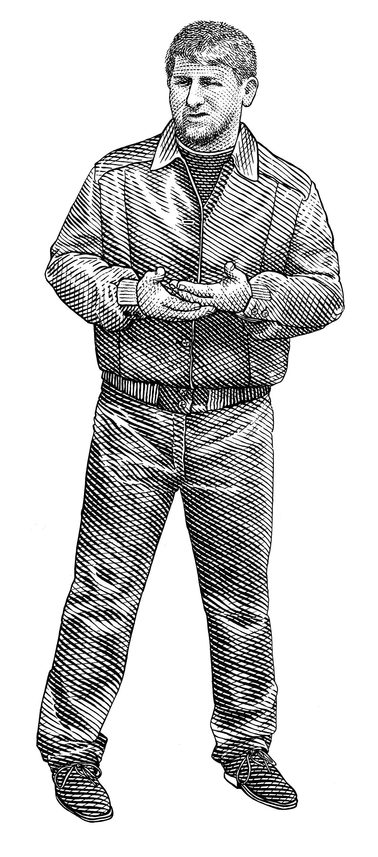 Illustration of a man in a jacket and pants standing with hands clasped.
