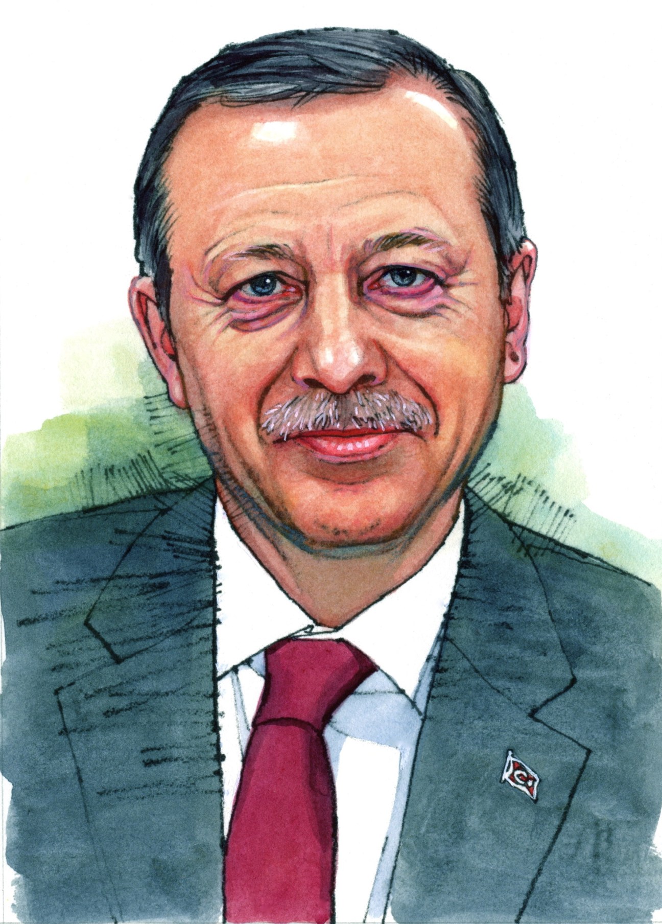 Illustrated portrait of Recep Tayyip Erdogan wearing a dark suit and burgundy tie.