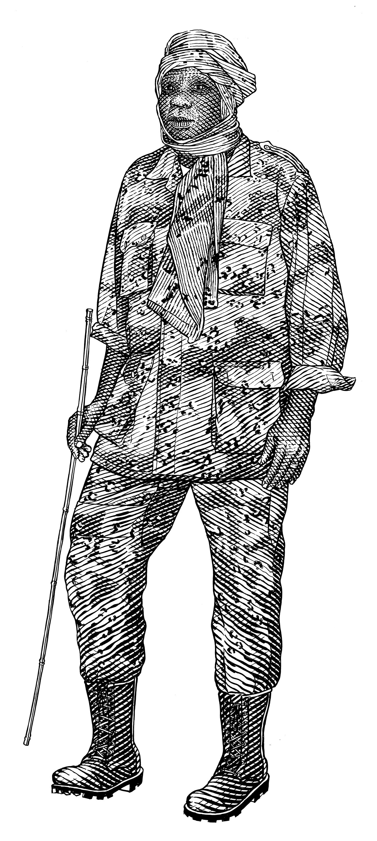 Black and white illustration of Michel Djotodia, Central African Republic president, in military fatigues and headwrap, holding a staff.