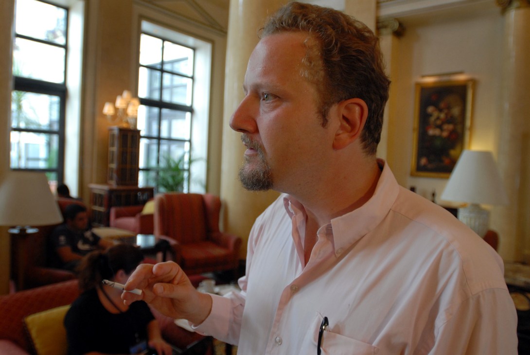 Patrick Worms, PR consultant for the Georgian government, speaks in a hotel lobby during the South Ossetia conflict.