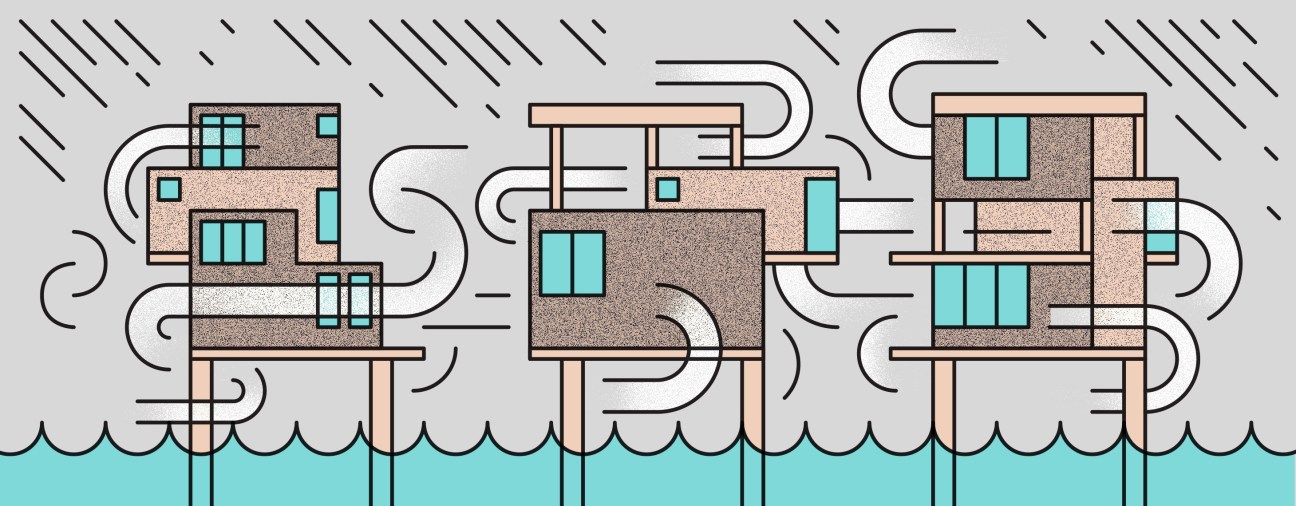 Illustration of resilient stilt houses designed to withstand typhoons and flooding in the Philippines.