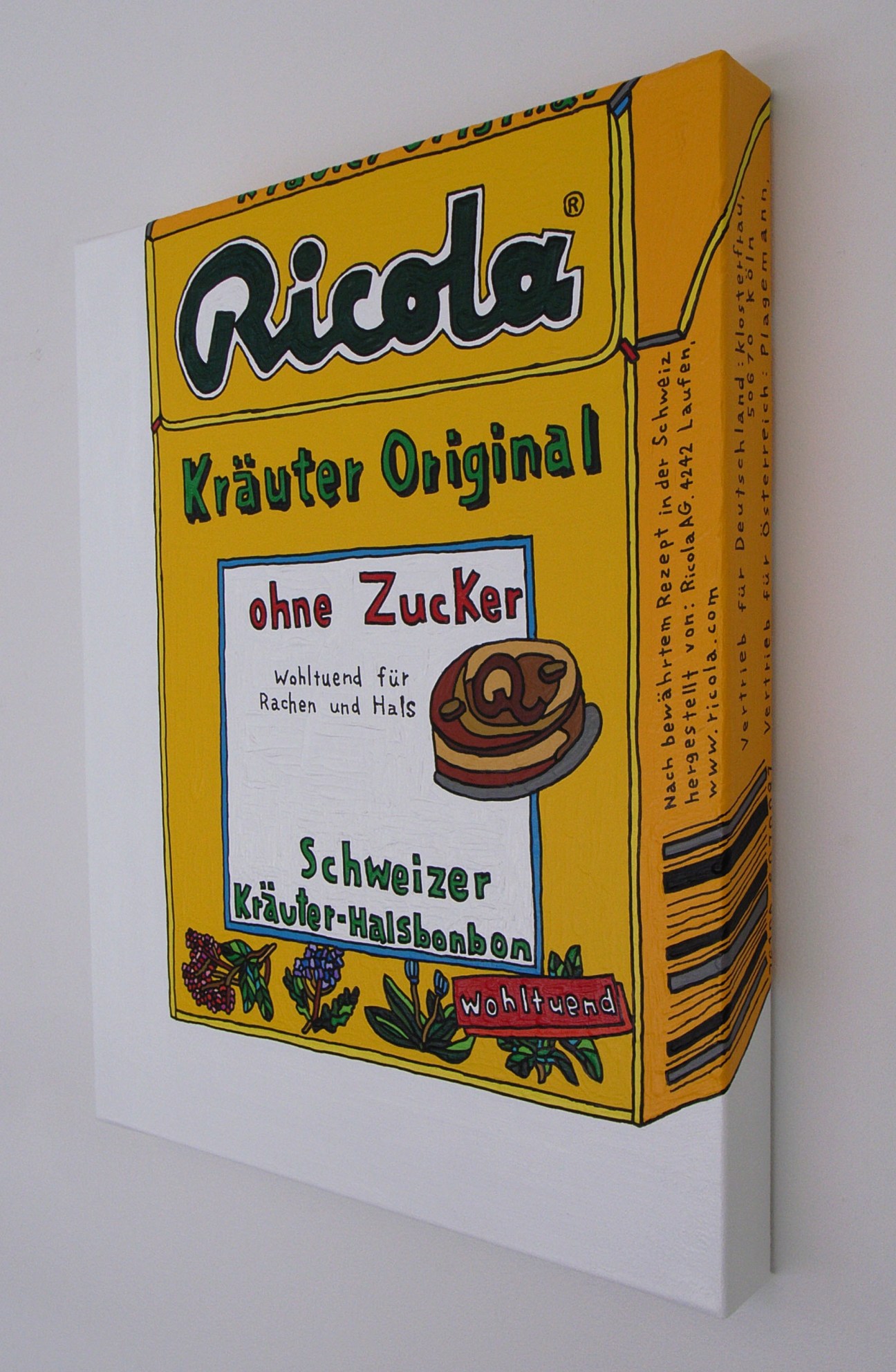 Hand-drawn illustration of a yellow Ricola herb candy box with German text and colorful details.