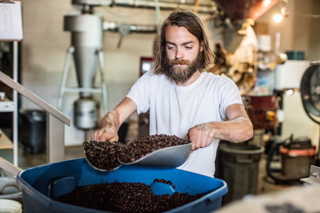Sam Hill pours coffee beans from a metal scoop into a blue container in a coffee roastery